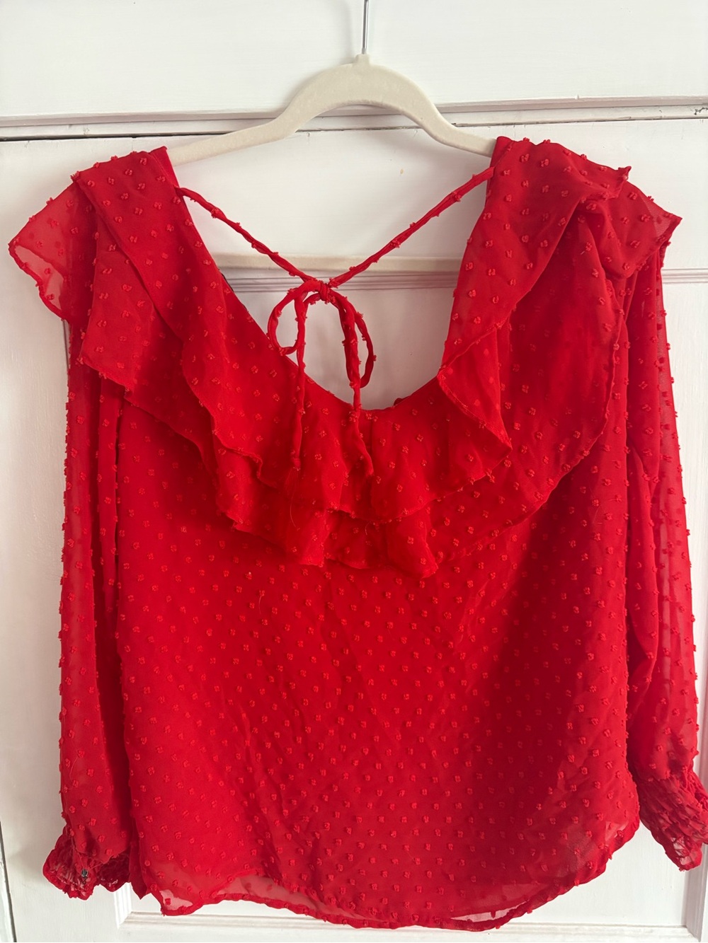 Halogen Red Ruffle Swiss Dot Tie-Back Blouse